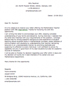 Acknowledgment Letter for Teacher Job