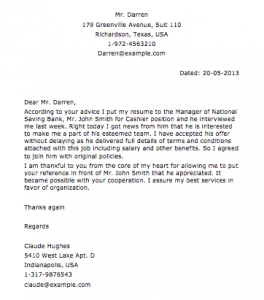 Thank You Letter for Referrer for Cashier Jobs