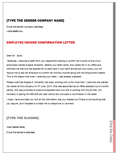 Employee Income Confirmation Letter