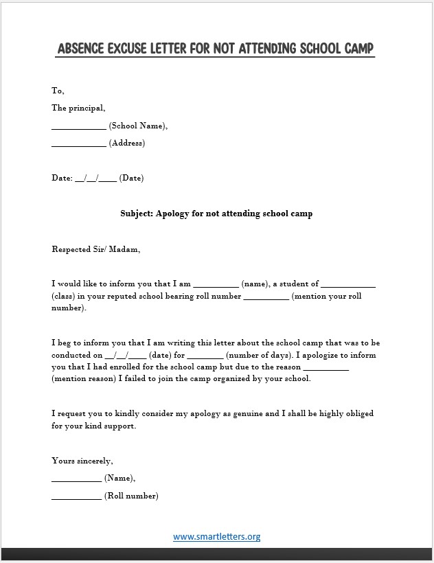 Absence Excuse Letter for Not Attending School Camp 03